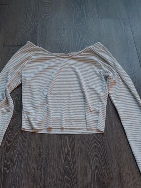 Striped Off-Shoulder Long Sleeve Top - Light Gray